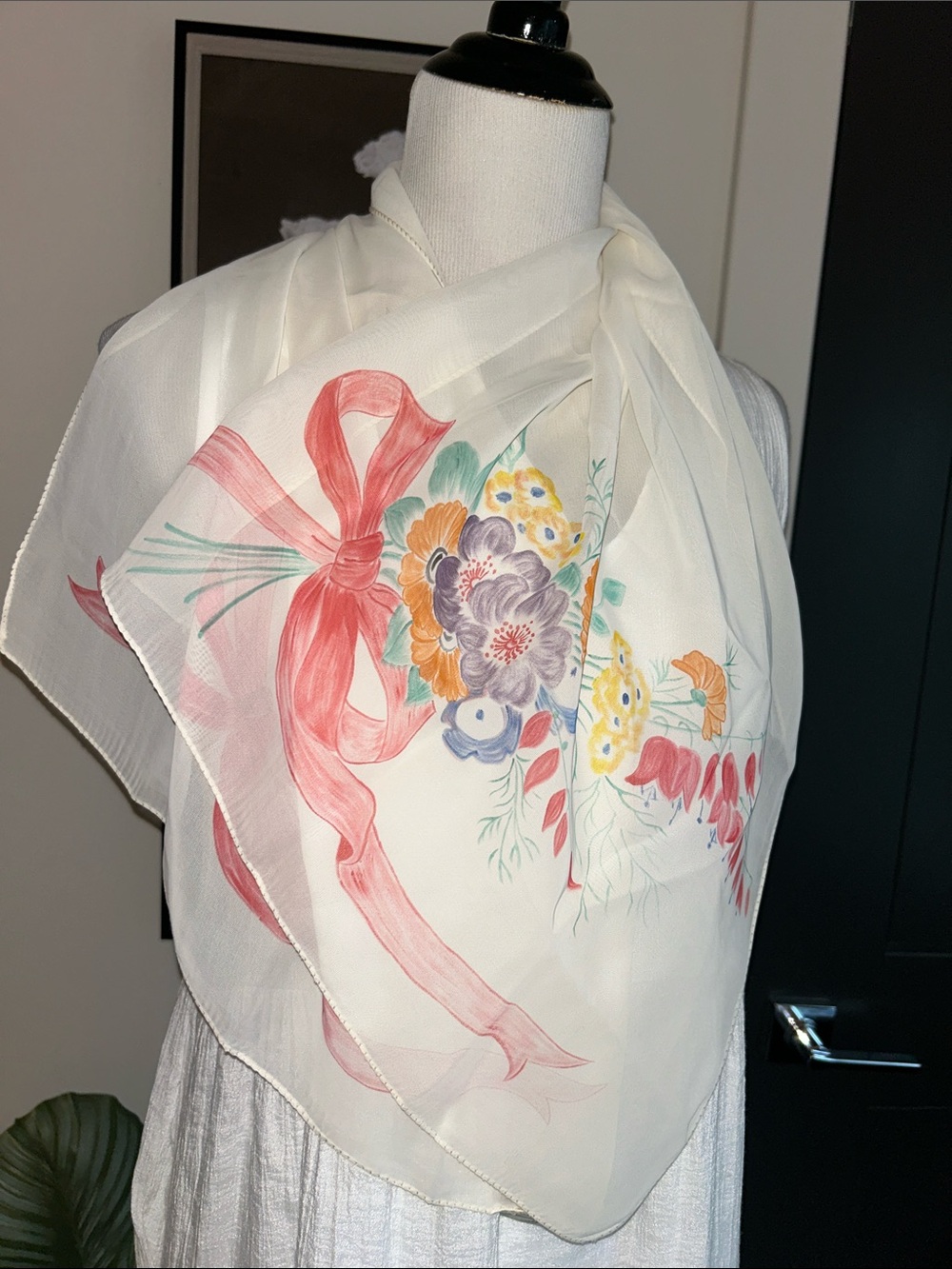 Elegant off White Floral polyester Scarf with Pink Accents